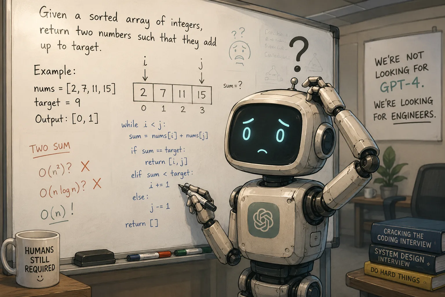 A worried cartoon robot stands at a whiteboard solving the Two Sum problem in a coding interview, next to a poster reading 'We're not looking for GPT-4. We're looking for engineers.' and a mug reading 'Humans still required'