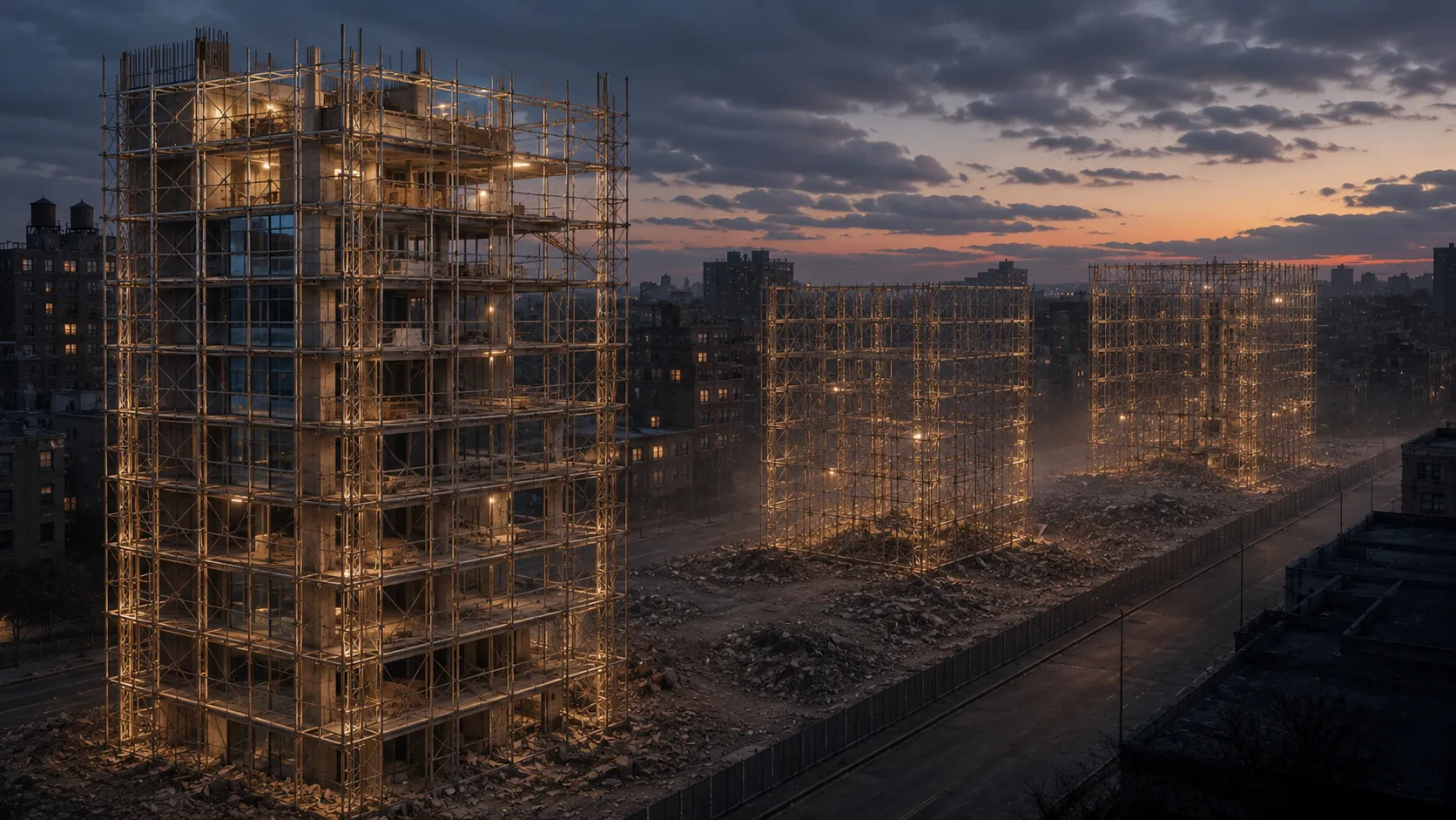 A cinematic view of a city block at dusk where a row of demolished buildings has been reduced to rubble, yet around each ruin a pristine steel scaffold still stands intact, glowing warmly with work lamps. Inside the nearest scaffold, a new building is rising to fit the old frame. No people; dramatic sunset clouds overhead.